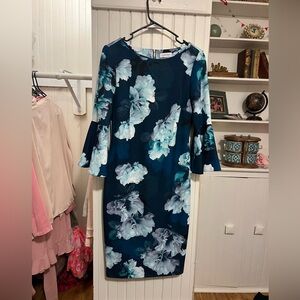 Blue floral Calvin Klein midi dress.